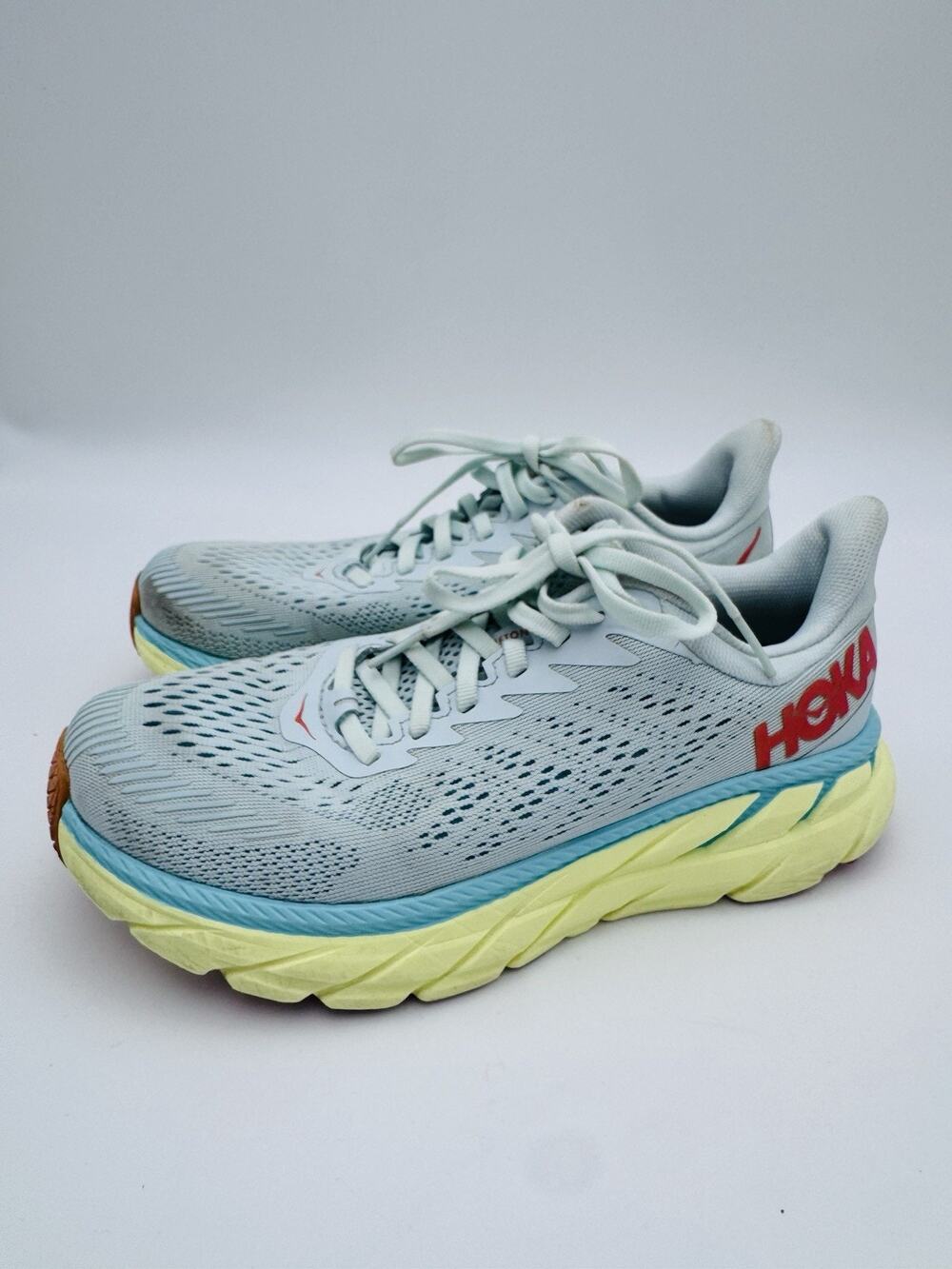 HOKA Clifton 8 Women’s Size 6.5 Light Blue Yellow Red Running Shoes